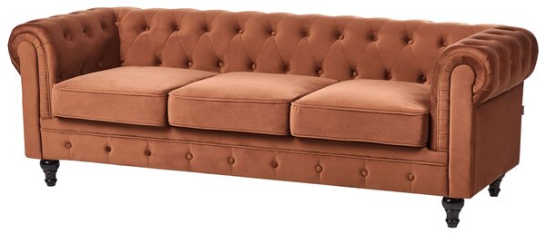 Pohovka chesterfield zlatohnedá zamatová čalúnená nízke prešívané operadlo tmavé drevené nohy 3-miestna moderná