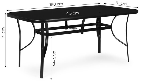 MultiGarden Záhradný stôl 160x90 cm z tvrdeného skla s otvorom na slnečník - čierny MultiGarden
