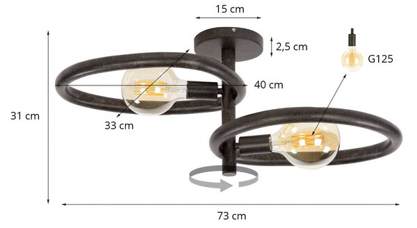 Stropné svietidlo Pebble, čierne, 2-pl., dĺžka 73 cm, E27, Čierna, Obývacia izba / jedáleň, kov, Moderný, Stropné svetlo