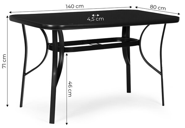 MultiGarden Záhradný stôl 140x80 cm z tvrdeného skla s otvorom na slnečník - čierny MultiGarden