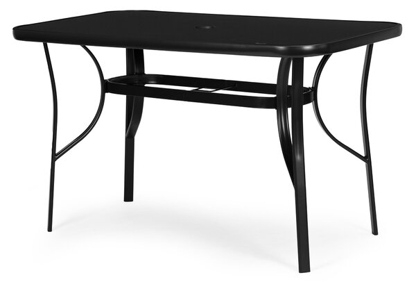 MultiGarden Záhradný stôl 140x80 cm z tvrdeného skla s otvorom na slnečník - čierny MultiGarden