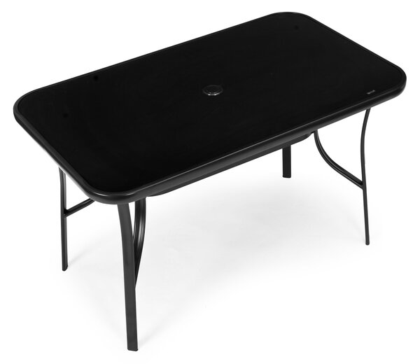 MultiGarden Záhradný stôl 140x80 cm z tvrdeného skla s otvorom na slnečník - čierny MultiGarden