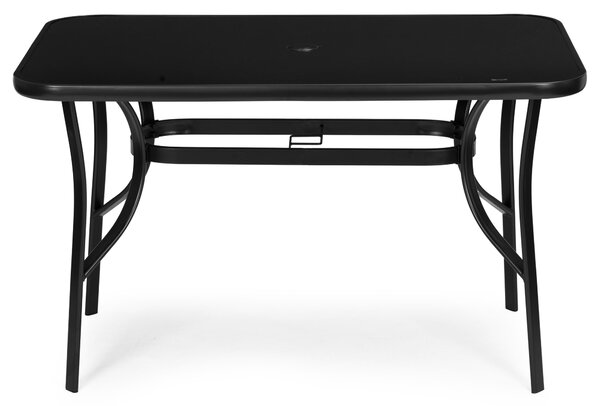 MultiGarden Záhradný stôl 140x80 cm z tvrdeného skla s otvorom na slnečník - čierny MultiGarden