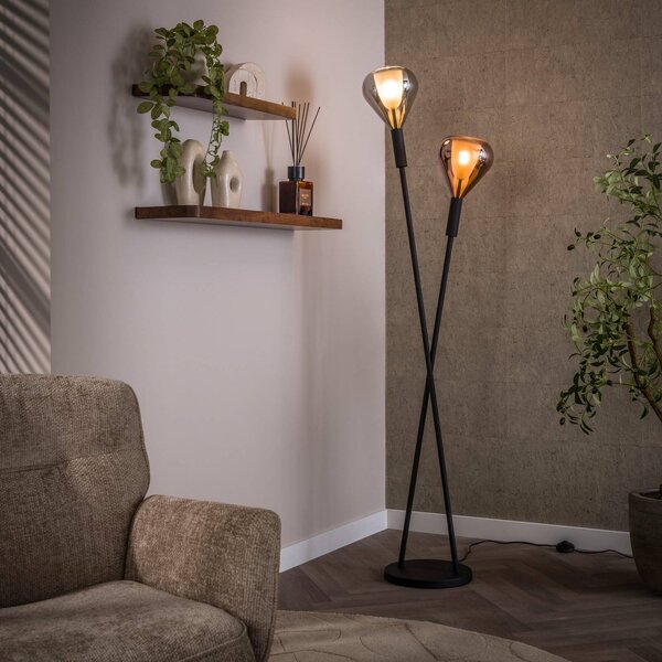 Stojacia lampa Wings, čierne/medené/chrómové, 2-pl., 175 cm, G9, Čierna, Obývacia izba / jedáleň, Sklo, Moderný, Stojaca lampa