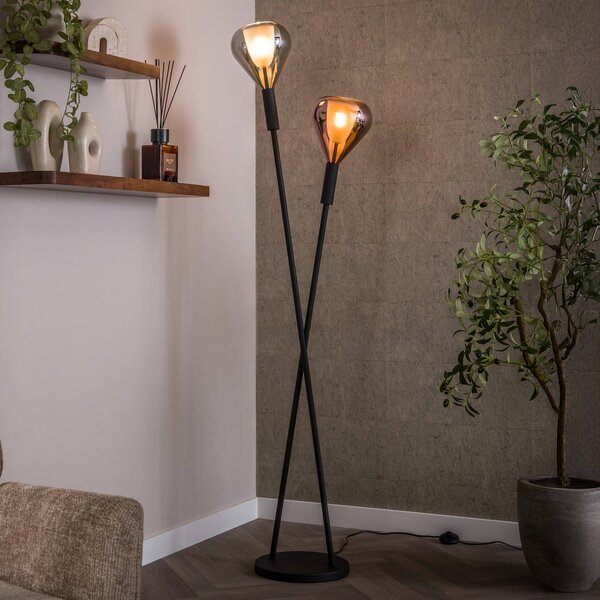 Stojacia lampa Wings, čierne/medené/chrómové, 2-pl., 175 cm, G9, Čierna, Obývacia izba / jedáleň, Sklo, Moderný, Stojaca lampa