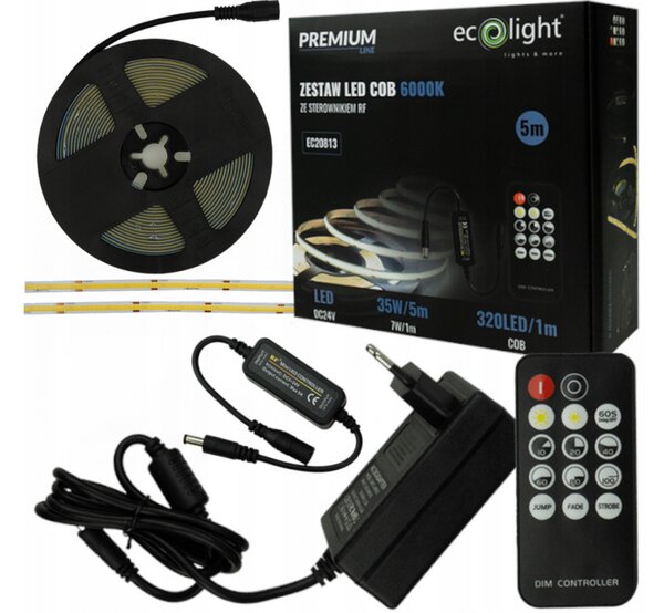 ECOLIGHT COB LED pásik 35W - 24V - 320 - 5M - 6000k - studená farba + diaľkový ovládač