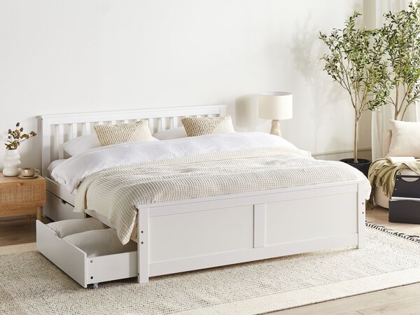 Posteľ biela borovicové drevo MDF 160 x 200 cm s čelom úložný priestor 2 zásuvky minimalistický škandinávsky štýl spálňa