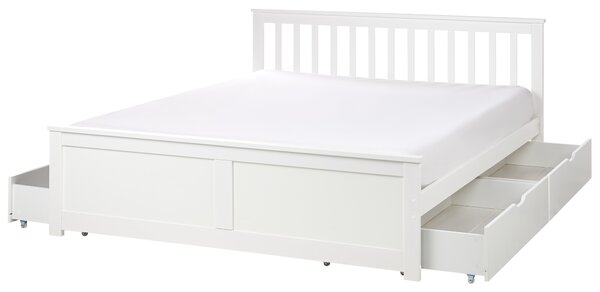 Posteľ biela borovicové drevo MDF 160 x 200 cm s čelom úložný priestor 4 zásuvky minimalistický škandinávsky štýl spálňa