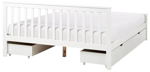 Posteľ biela borovicové drevo MDF 160 x 200 cm s čelom úložný priestor 4 zásuvky minimalistický škandinávsky štýl spálňa