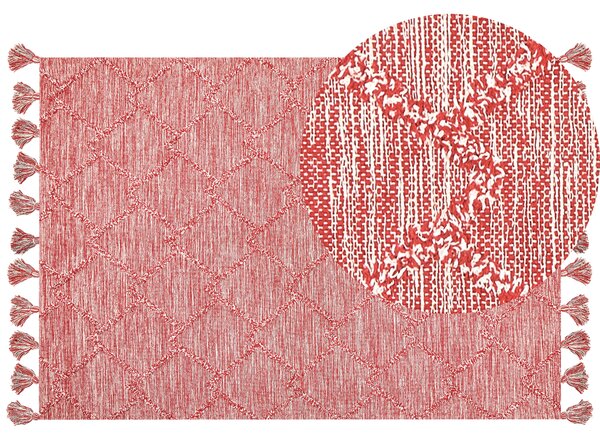Koberec červená biela bavlna 160 x 230 cm geometrický vzor obdĺžnikový tvar ručne všívaný so strapcami obývačka spálňa