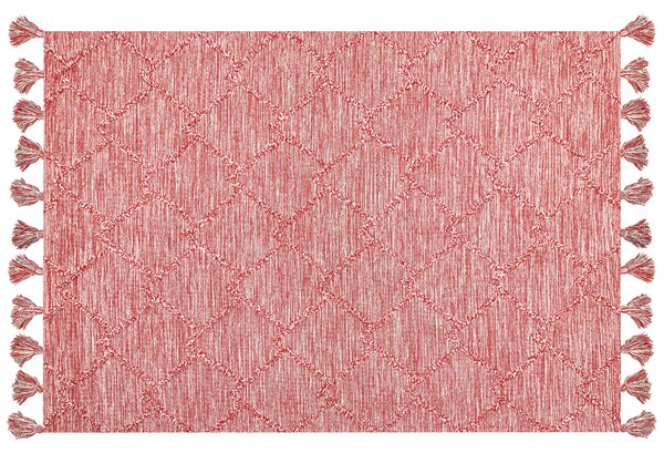 Koberec červená biela bavlna 160 x 230 cm geometrický vzor obdĺžnikový tvar ručne všívaný so strapcami obývačka spálňa