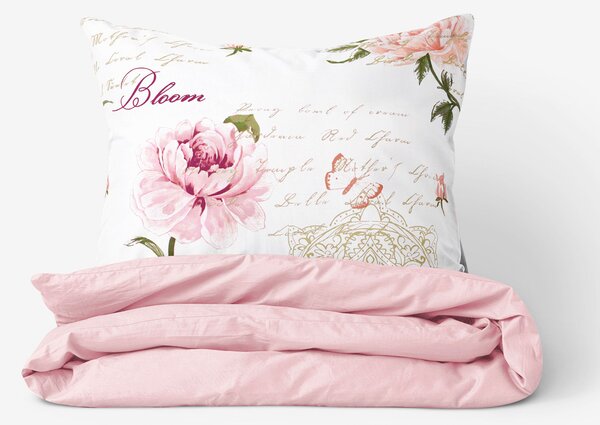 Goldea bavlnené posteľné obliečky duo - pivonky s textami s púdrovo ružovou 140 x 200 a 70 x 90 cm