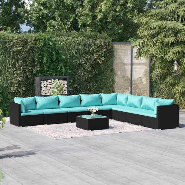 Maison Exclusive – 9-dielna záhradná súprava s vankúšmi z polyrotangu v čiernej farbe
