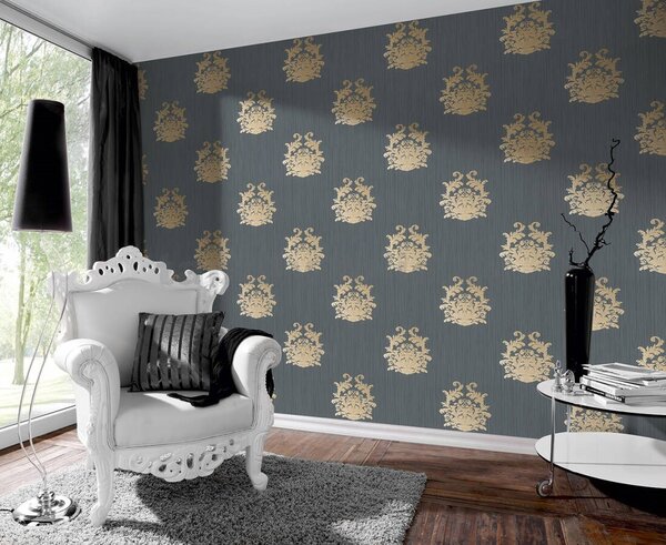 Vliesové tapety na stenu Nobile 95861-5, rozmer 10, 05 m x 0,70 m, ornamenty zlaté na sivom podklade, A.S. CRÉATION
