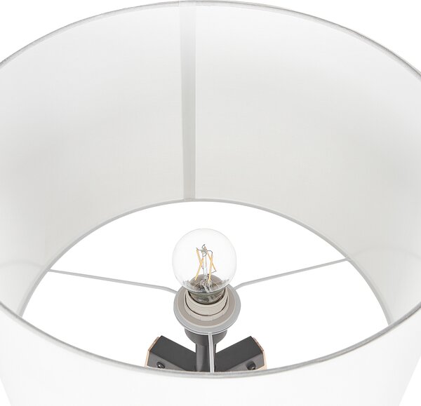 Stojaca lampa svetlé drevo biela čierna borovicové drevo oceľ matný povrch 149 cm statívový podstavec s poličkou obývačka spálňa