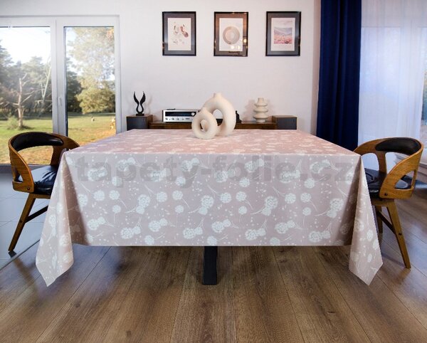 Obrus PVC 7744310, metráž, 20 m x 140 cm, púpavy na svetlo hnedom podklade, IMPOL TRADE
