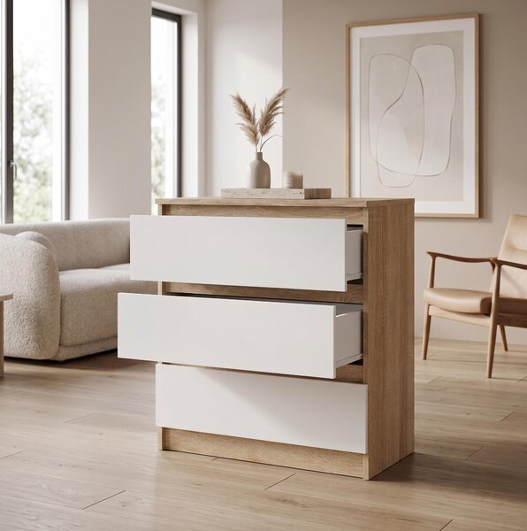 Moderná komoda s 3 zásuvkami | Biela doplnková skrinka | Komoda so zásuvkami 70 x 74,5 x 40 cm | Do spálne, obývačky a predsiene, Sonoma / biela