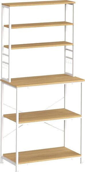 VASAGLE Kuchynský regál Kávovar 6 políc a 6 háčikov na mikrovlnnú rúru Oceľový rám Priemyselný štýl 40 x 80 x 167 cm Dub biely