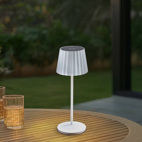 Lindby stolová LED lampa Esali, biela, drážky, 29 cm, Biela / opálová, Obývacia izba / jedáleň, Hliník, Moderný, Stojacie svietidlo
