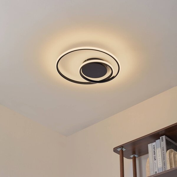 Lindby LED stropné svietidlo Kyron, čierne, hliník, stmievateľné, Ø45cm, Čierna, Obývacia izba / jedáleň, Hliník, Moderný, Závesné svietidlo