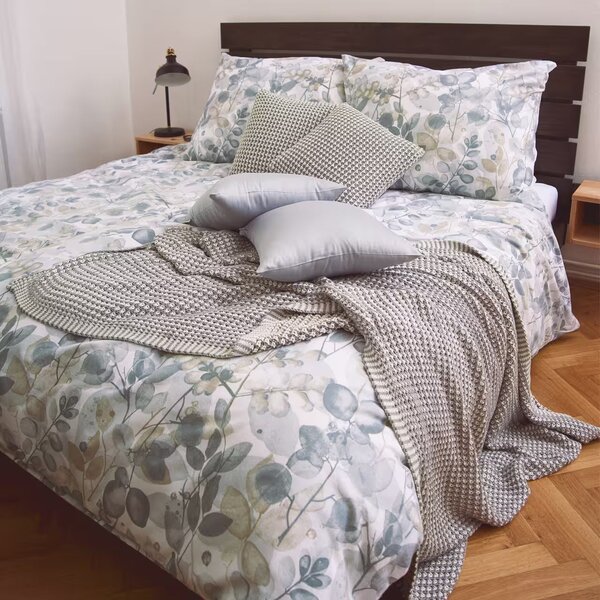 Obliečky FLANEL botanika biela sivá Partnerský 1x paplón 240x200 + 2x vankúš 70x90 cm