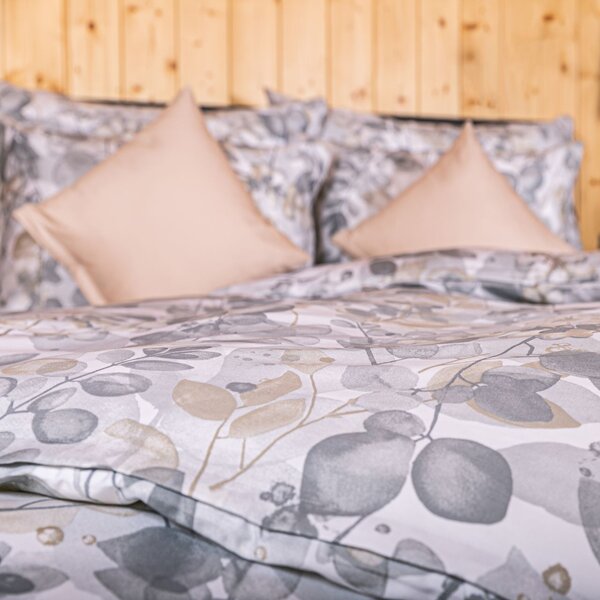 Obliečky FLANEL botanika biela sivá Partnerský 1x paplón 240x200 + 2x vankúš 70x90 cm