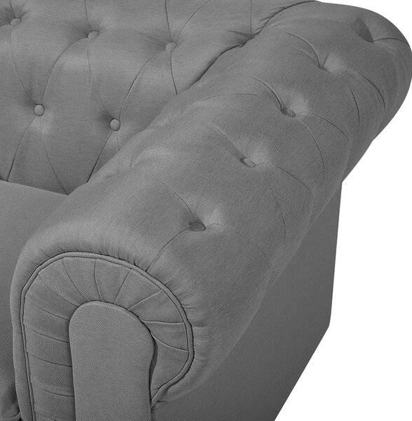 Sedacia súprava chesterfield sivá čalúnená tmavé drevené nohy 3-miestna pohovka s kreslom moderná