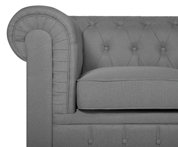 Sedacia súprava chesterfield sivá čalúnená tmavé drevené nohy 3-miestna pohovka s kreslom moderná