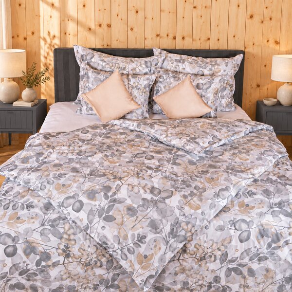 Obliečky FLANEL botanika biela sivá Partnerský 1x paplón 240x200 + 2x vankúš 70x90 cm