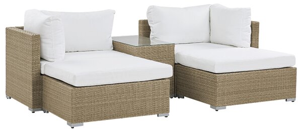 Záhradná sedacia súprava hnedá umelý ratan biele vankúše 3-dielna pre 2 osoby odkladací stolík moderný štýl exteriér