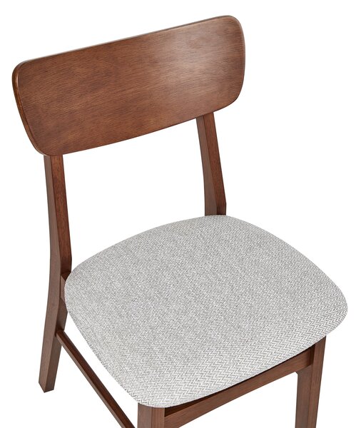 Sada 2 jedálenských stoličiek tmavé drevo svetlosivá kaučukové drevo polyester drevený rám bez podrúčok moderný retro štýl kuchyňa jedáleň