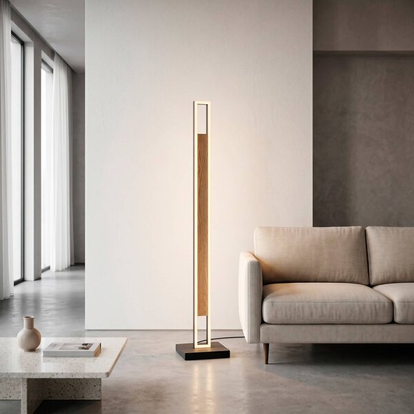 Paul Neuhaus LED stojacia lampa Sveja, čierna/farba dreva, výška 140 cm,, Svetlé drevo, Obývacia izba / jedáleň, Drevo, Moderný