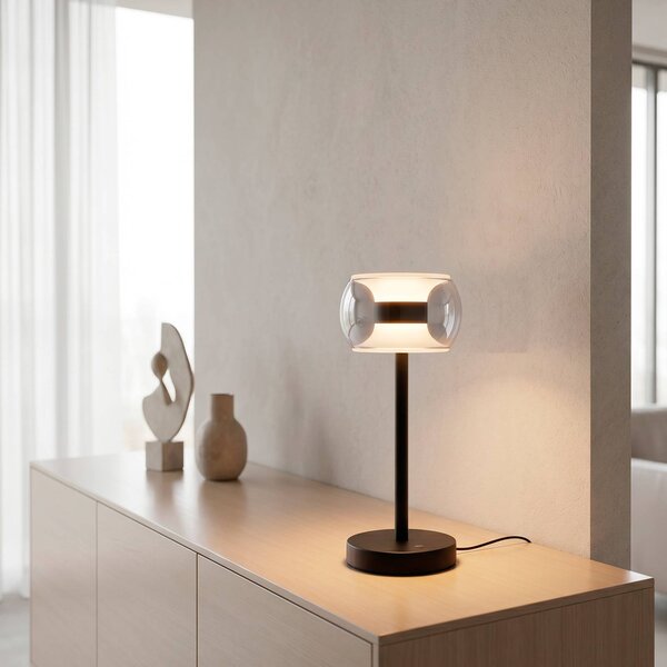 Paul Neuhaus Stolová LED lampa Fumea, výška 35 cm, čierna/dymová, sklo, Čierna, Obývacia izba / jedáleň, Sklo, Stojacie svietidlo