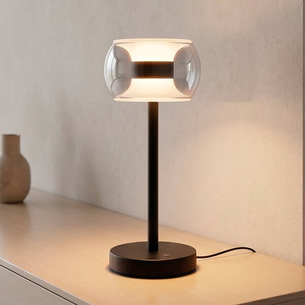 Paul Neuhaus Stolová LED lampa Fumea, výška 35 cm, čierna/dymová, sklo, Čierna, Obývacia izba / jedáleň, Sklo, Stojacie svietidlo