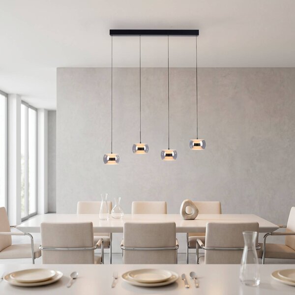 Paul Neuhaus LED závesné svietidlo Fumea, dĺžka 110 cm, čierna/dymová, sklo, 4-pl., Čierna, Obývacia izba / jedáleň, Sklo, Závesné svietidlo