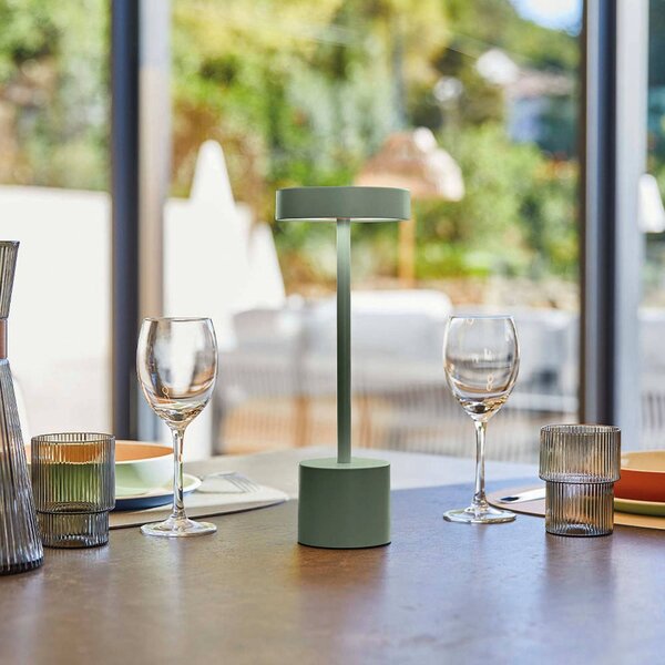 Lumisky Stolová LED lampa na akumulátor Roby, olivovo zelená, výška 30 cm, IP54, Zelená, Hliník, Moderný, Stojacie svietidlo