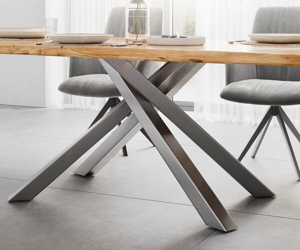 DELIFE Jedálenský stôl Edge 200x100 akácia prírodná krížová podstava obdĺžnik nerezová oceľ Live-Edge