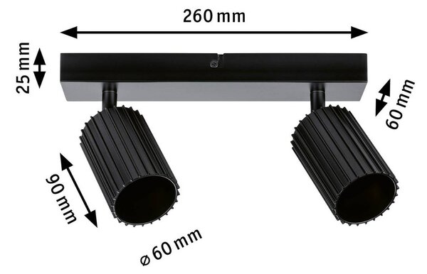 Paulmann Stropné bodové svetlo Lirena, čierna matná, dĺžka 26 cm, 2-pl., Čierna, Obývacia izba / jedáleň, kov, Moderný, Stropné svetlo