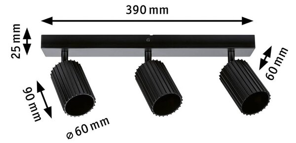 Paulmann Stropné bodové svetlo Lirena, čierny matný, dĺžka 39 cm, 3-pl., Čierna, Obývacia izba / jedáleň, kov, Moderný, Stropné svetlo