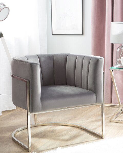 Kreslo sivé zamatové čalúnenie strieborný kovový rám prešívané operadlo elegantný dizajn glamour štýl