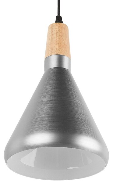 Závesná lampa strieborná farba kovové svetlo zvonové tienidlo v drevenom prevedení pracovné osvetlenie moderné