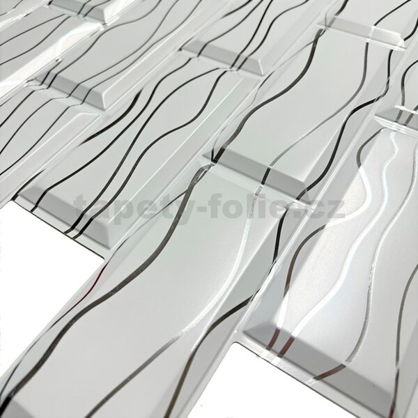 Obkladové panely 3D PVC TP10028321, rozmer 966 x 484 mm, obklad biely so striebornými vlnovkami, GRACE