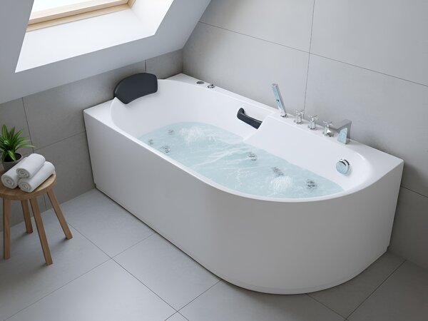 Vírivá vaňa biela strieborná akrylát nerezová oceľ 170 x 80 cm hydromasážna s opierkou hlavy rohová pravostranná moderný štýl kúpeľňa