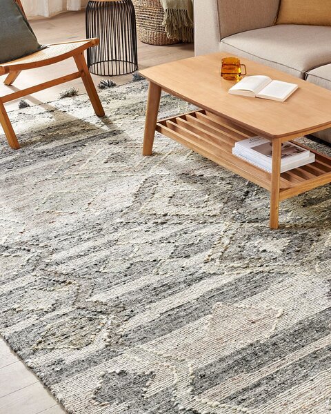 Kelímový koberec sivý vlna a bavlna 200 x 300 cm ručne tkaný boho patchwork vzor so strapcami