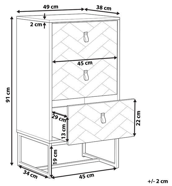 Komoda svetlé drevo biela MDF kov 91 x 49 x 38 cm 3 zásuvky úložný priestor moderný štýl obývačka spálňa