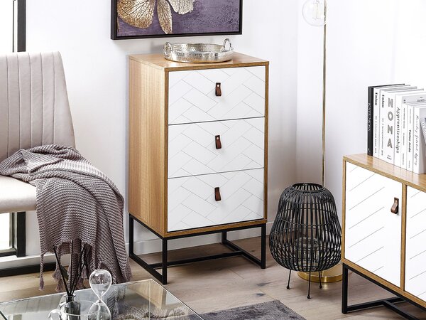 Komoda svetlé drevo biela MDF kov 91 x 49 x 38 cm 3 zásuvky úložný priestor moderný štýl obývačka spálňa