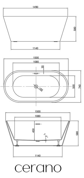 CERANO - Voľne stojaca akrylátová vaňa Timea - biela lesklá - 149x74 cm