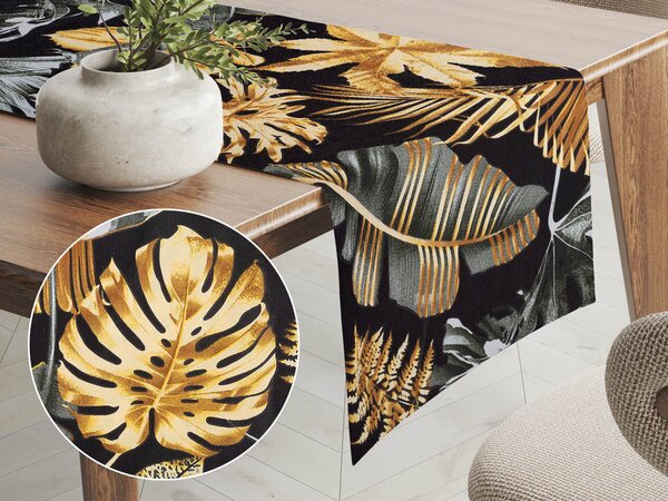 Biante Bavlnený behúň na stôl Sandra SA-389 Sivozelené a zlaté tropické listy na čiernom 20x120 cm