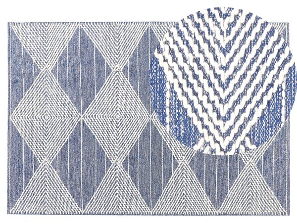 Koberec svetlobéžový a modrý 140 x 200 cm vlna a polyester ručne tkaný s geometrickým vzorom boho obývacia izba spálňa