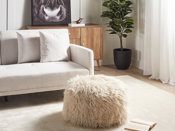 Taburetka svetlobéžová umelá kožušina EPS polystyrénová výplň štvorcový puf na sedenie boho moderná podnožka
